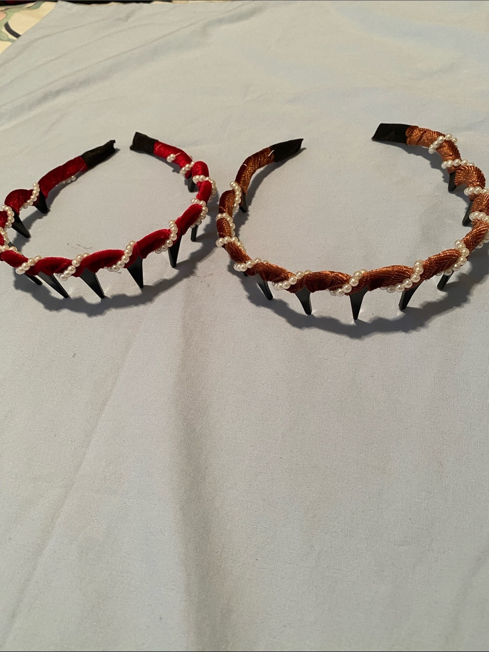 Braided Velvet Headbands with Pearl Trim - Red & Brown